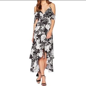 Black White Floral Ruffle Faux Wrap Midi Dress